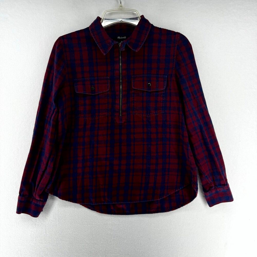 Madewell Womens Cotton Plaid Long Sleeve Shirt Half Zip Ladies Size M Red Blue